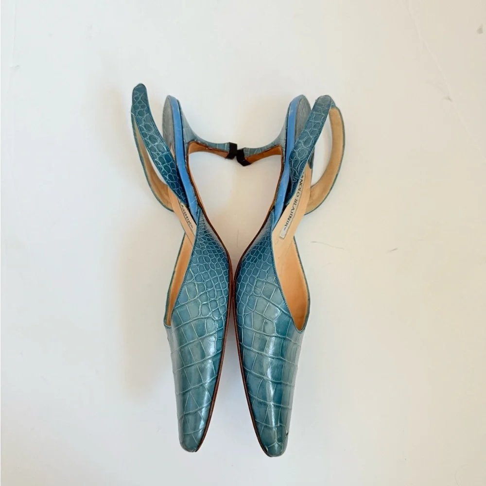 Manolo Blahnik Teal Blue Croc Embossed Leather Carolyne Slingback Heels EU 38.5 - Picture 5 of 10